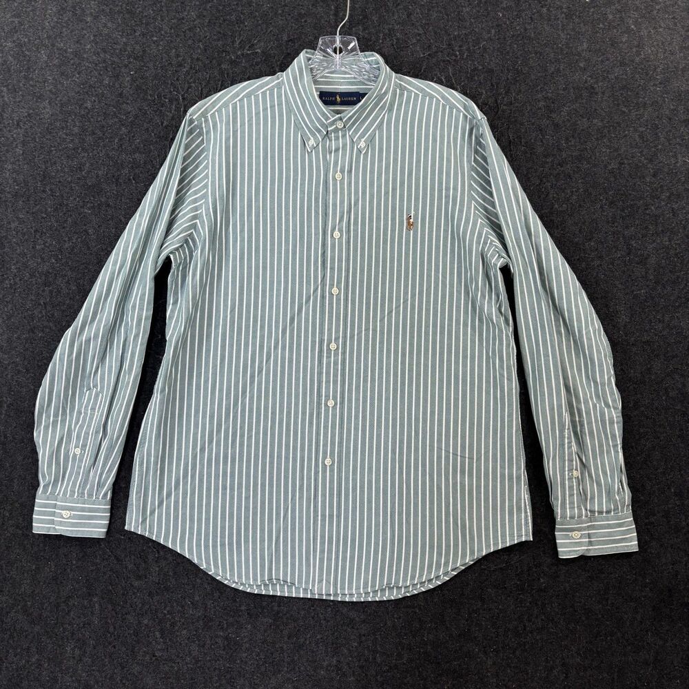 Ralph Lauren Shirt Men's Large Green Vertical Stripe Cotton Button Down Preppy